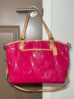rare vintage coach hot pink embossed patent tote bag